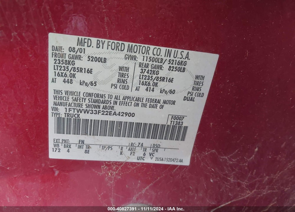 2002 FORD F-350 LARIAT/XL/XLT VIN: 1FTWW33F22EA42900