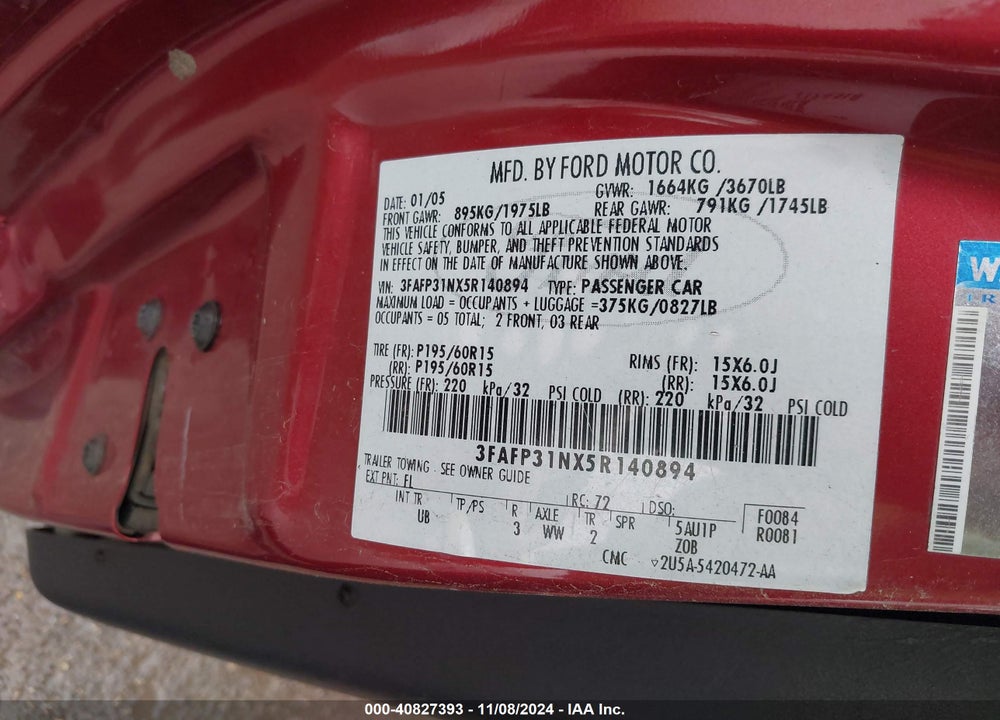 2005 FORD FOCUS ZX3 VIN: 3FAFP31NX5R140894