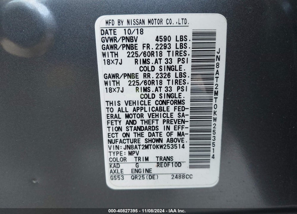 2019 NISSAN ROGUE SV VIN: JN8AT2MT0KW253514