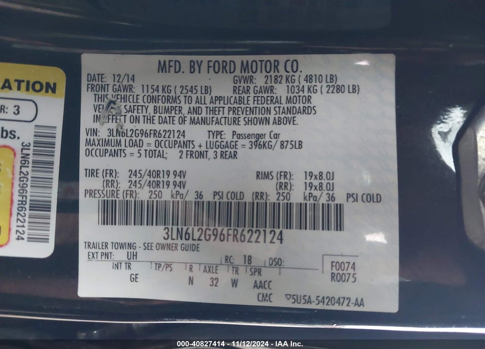 2015 LINCOLN MKZ VIN: 3LN6L2G96FR622124