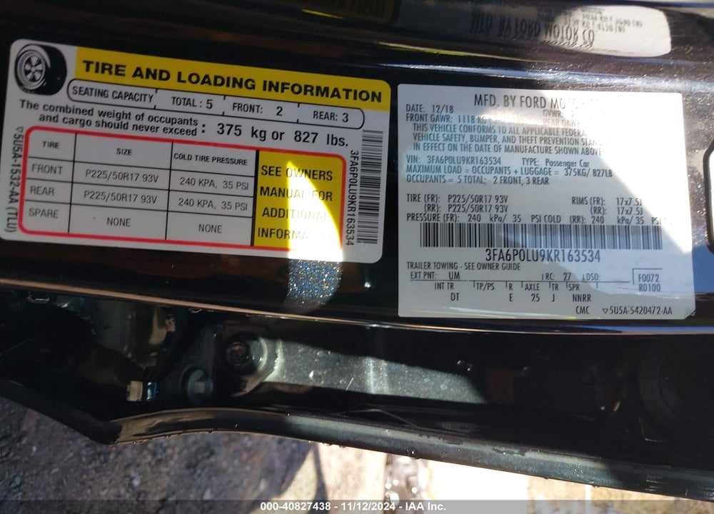 2019 FORD FUSION HYBRID SE VIN: 3FA6P0LU9KR163534