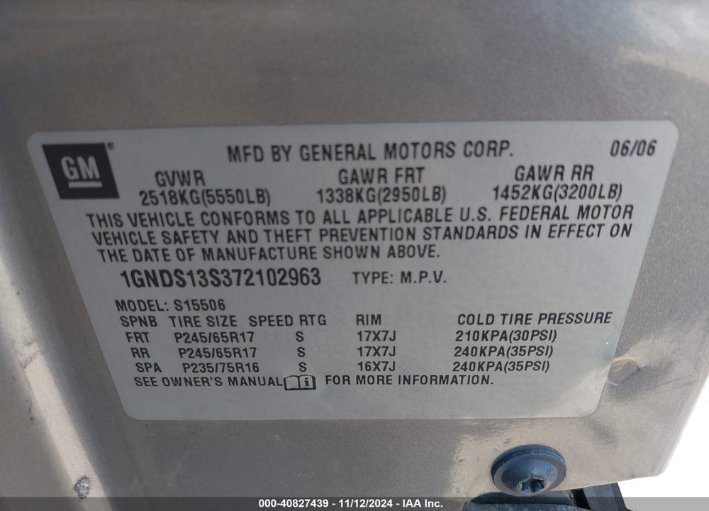 2007 CHEVROLET TRAILBLAZER LS VIN: 1GNDS13S372102963