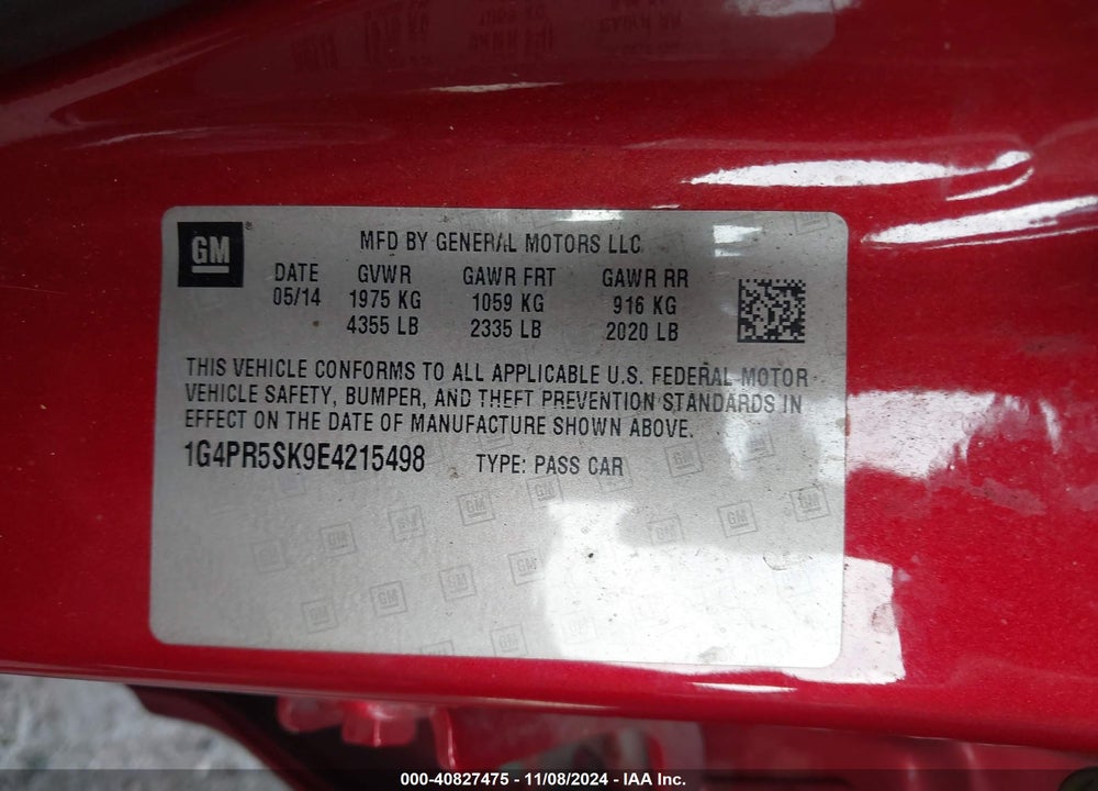 2014 BUICK VERANO CONVENIENCE GROUP VIN: 1G4PR5SK9E4215498