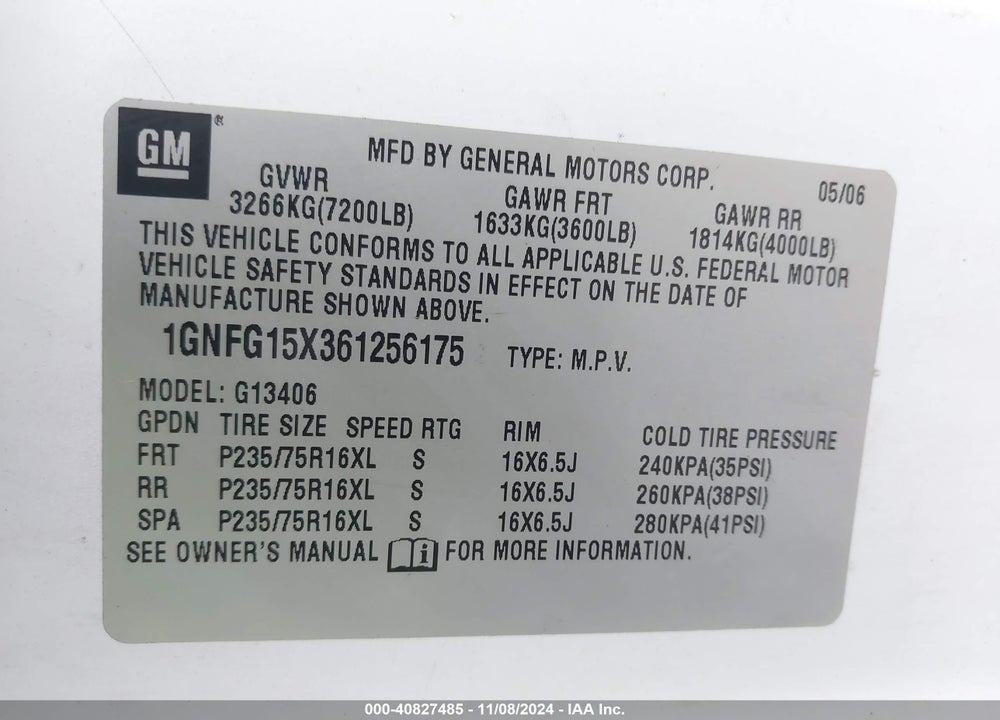 2006 CHEVROLET EXPRESS LS VIN: 1GNFG15X361256175