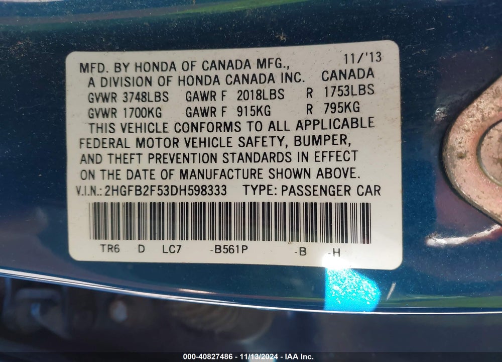 2013 HONDA CIVIC LX VIN: 2HGFB2F53DH598333