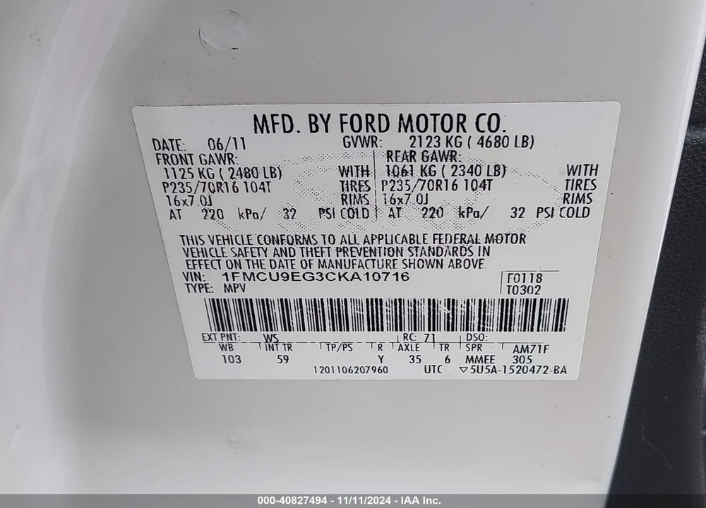 2012 FORD ESCAPE LIMITED VIN: 1FMCU9EG3CKA10716