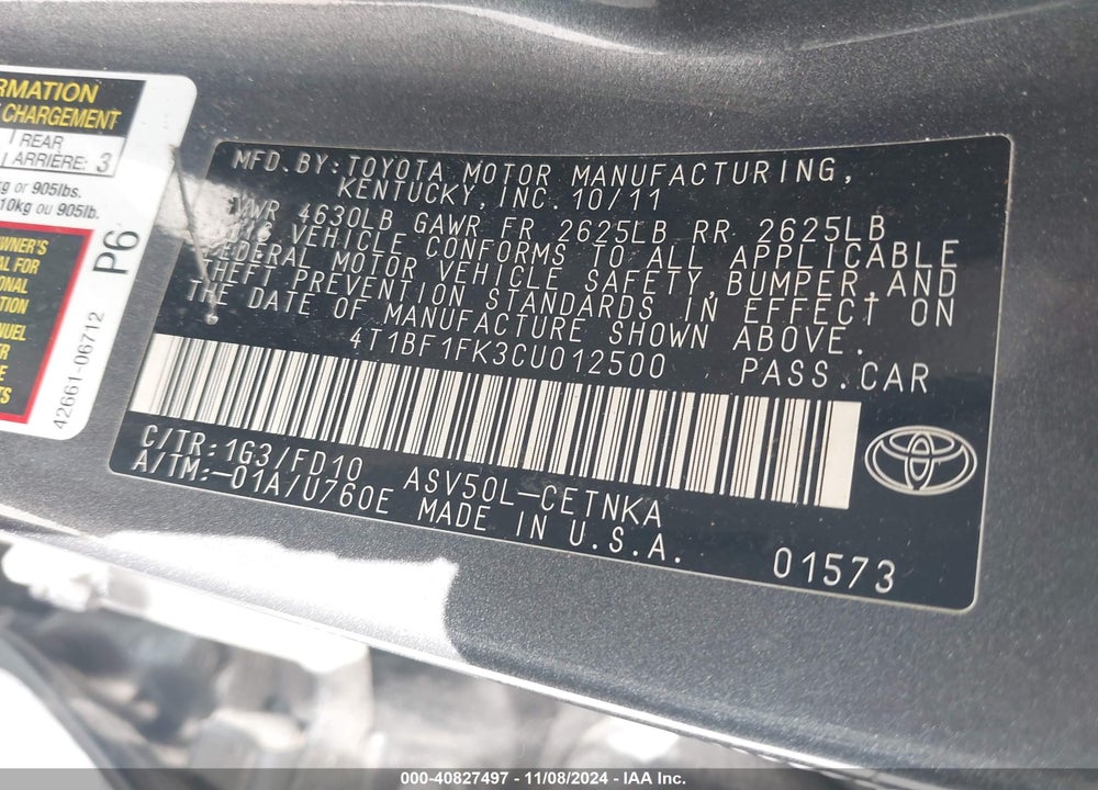 2012 TOYOTA CAMRY LE VIN: 4T1BF1FK3CU012500