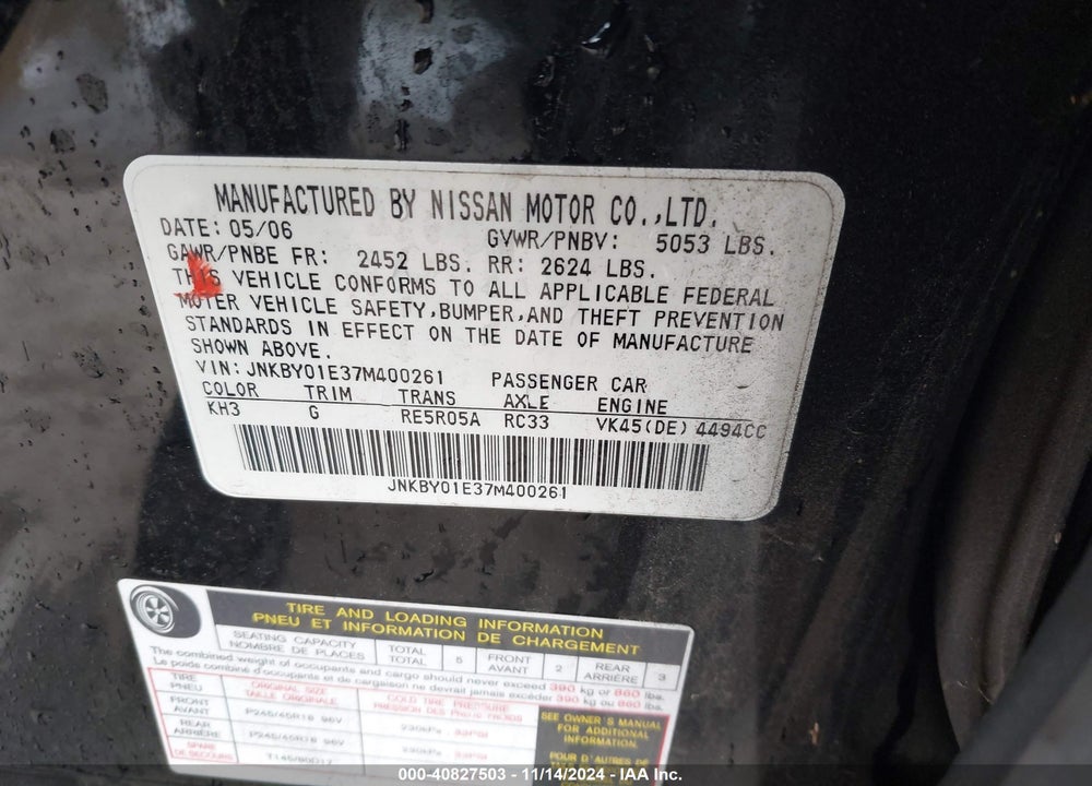 2007 INFINITI M45 VIN: JNKBY01E37M400261