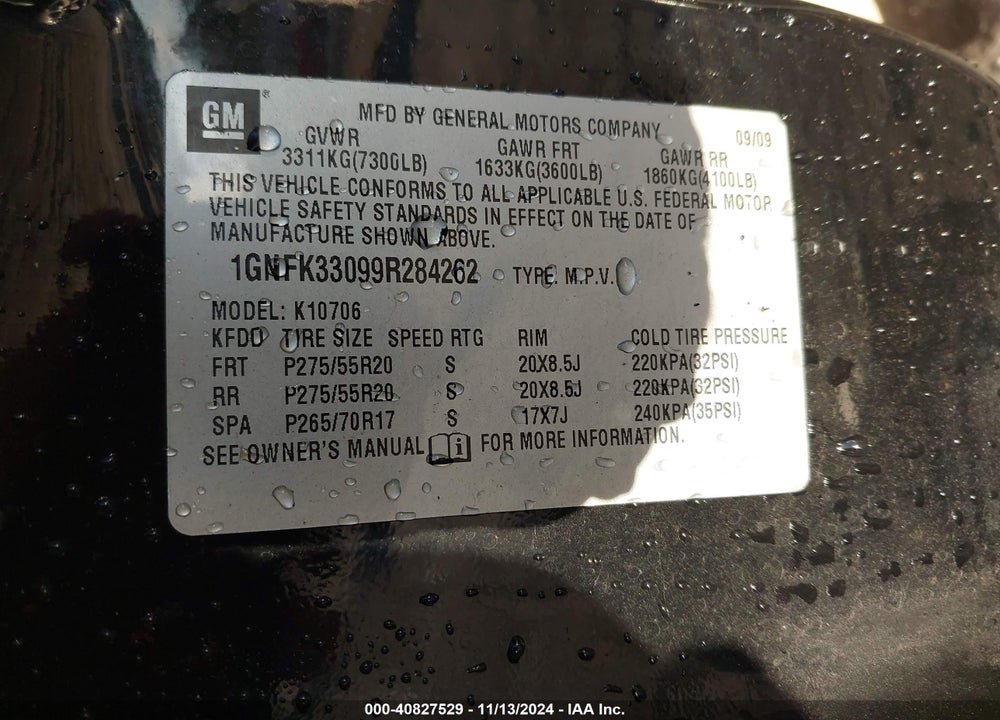 2009 CHEVROLET TAHOE LTZ VIN: 1GNFK33099R284262
