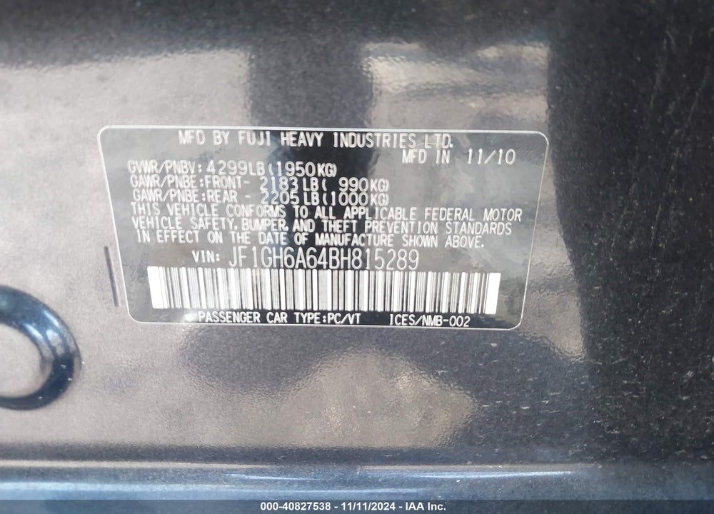 2011 SUBARU IMPREZA 2.5I VIN: JF1GH6A64BH815289