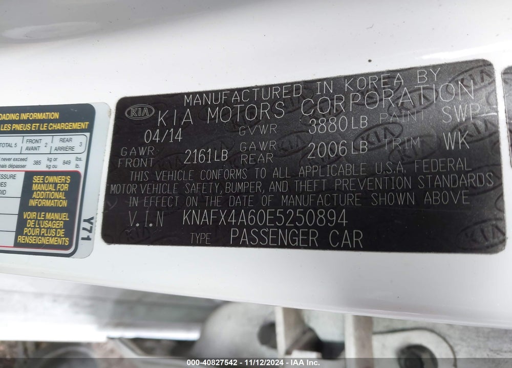 2014 KIA FORTE LX VIN: KNAFX4A60E5250894