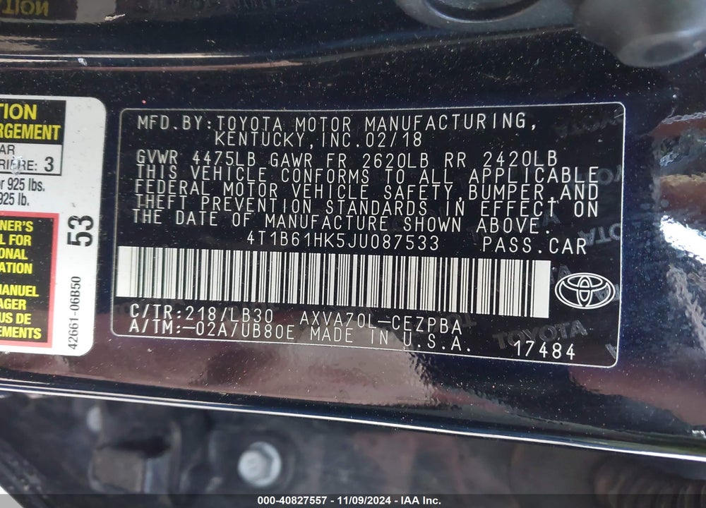 2018 TOYOTA CAMRY XSE VIN: 4T1B61HK5JU087533