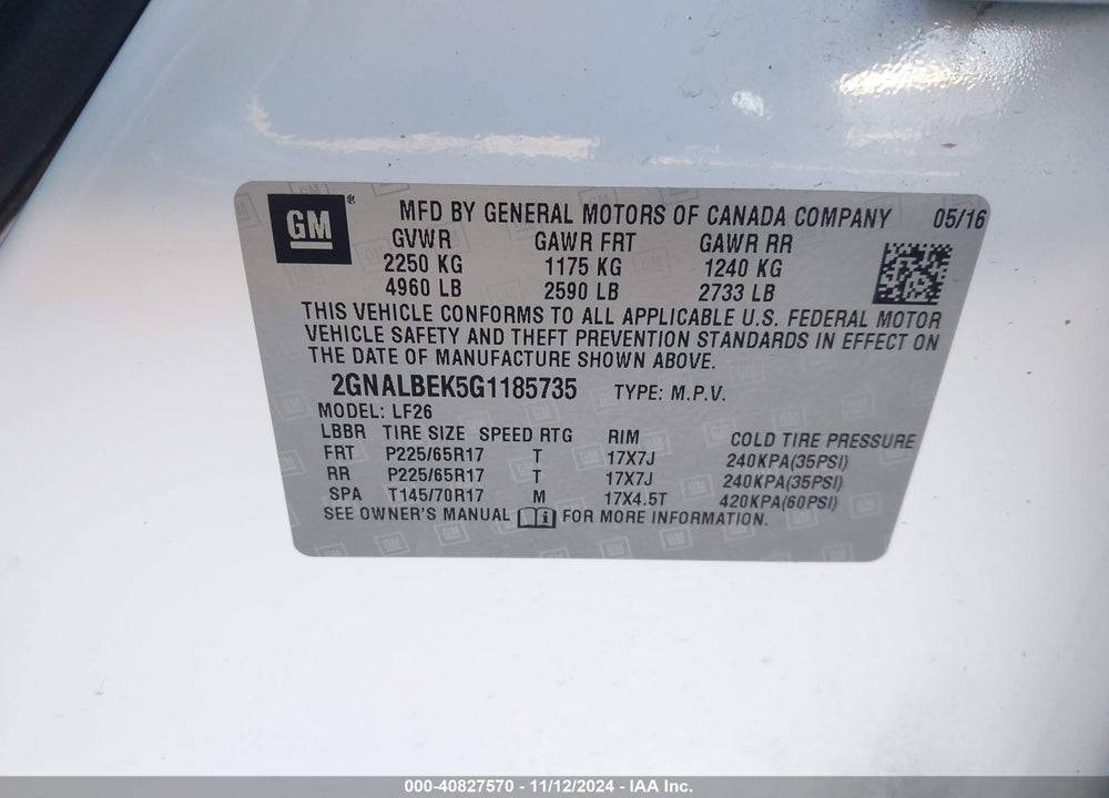 2016 CHEVROLET EQUINOX LS VIN: 2GNALBEK5G1185735