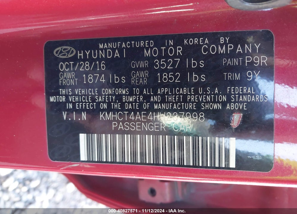 2017 HYUNDAI ACCENT VIN: KMHCT4AE4HU237998