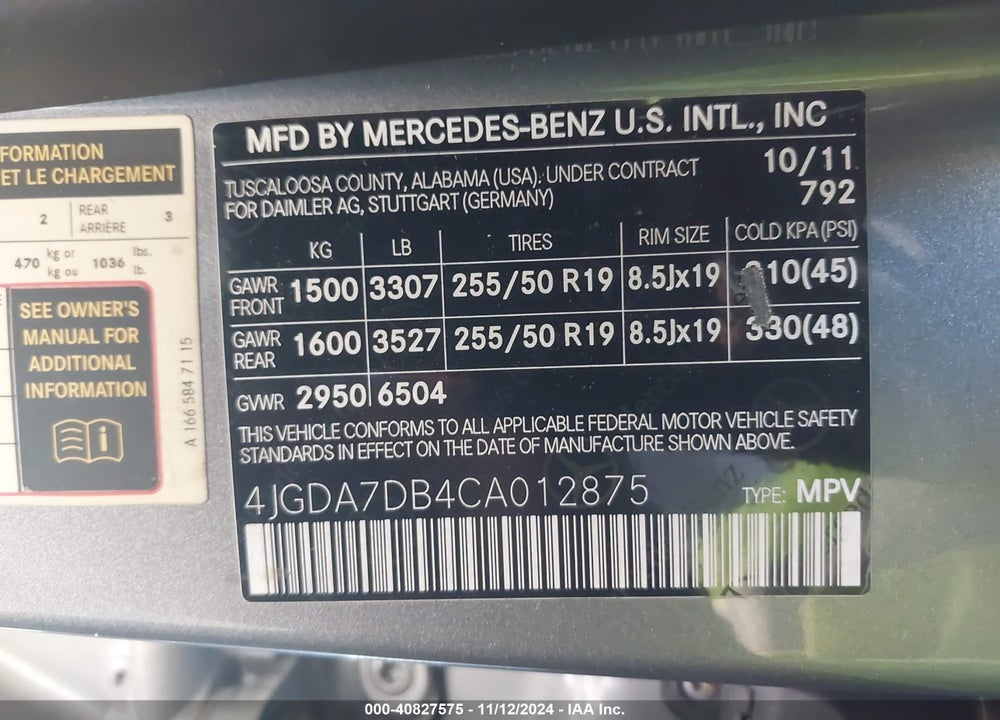 2012 MERCEDES-BENZ ML 550 4MATIC VIN: 4JGDA7DB4CA012875