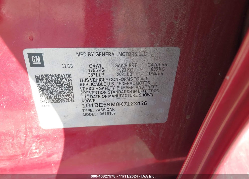2019 CHEVROLET CRUZE LT VIN: 1G1BE5SM0K7123436
