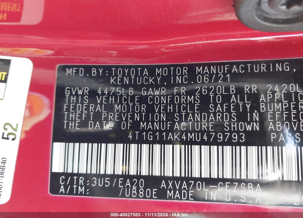 2021 TOYOTA CAMRY SE VIN: 4T1G11AK4MU479793