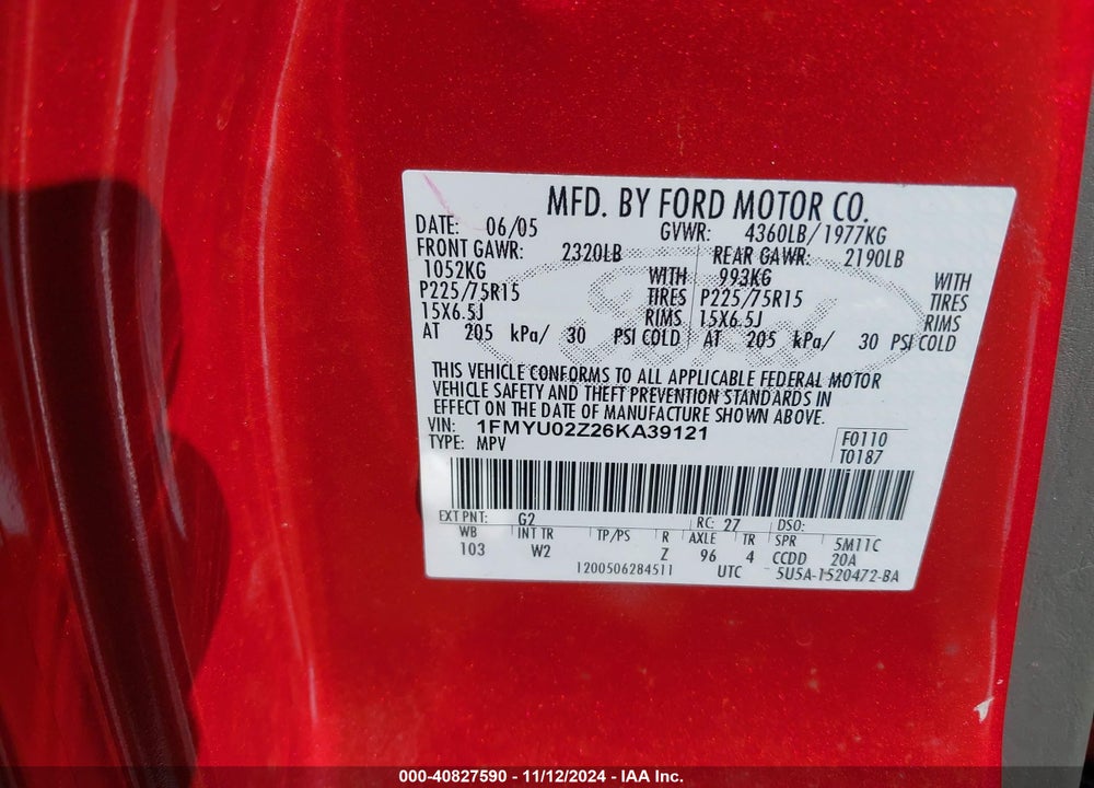 2006 FORD ESCAPE XLS/XLS MANUAL VIN: 1FMYU02Z26KA39121