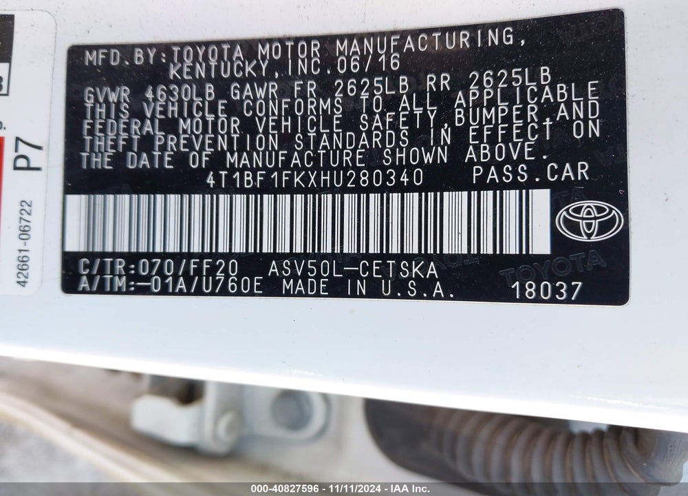 2017 TOYOTA CAMRY SE VIN: 4T1BF1FKXHU280340