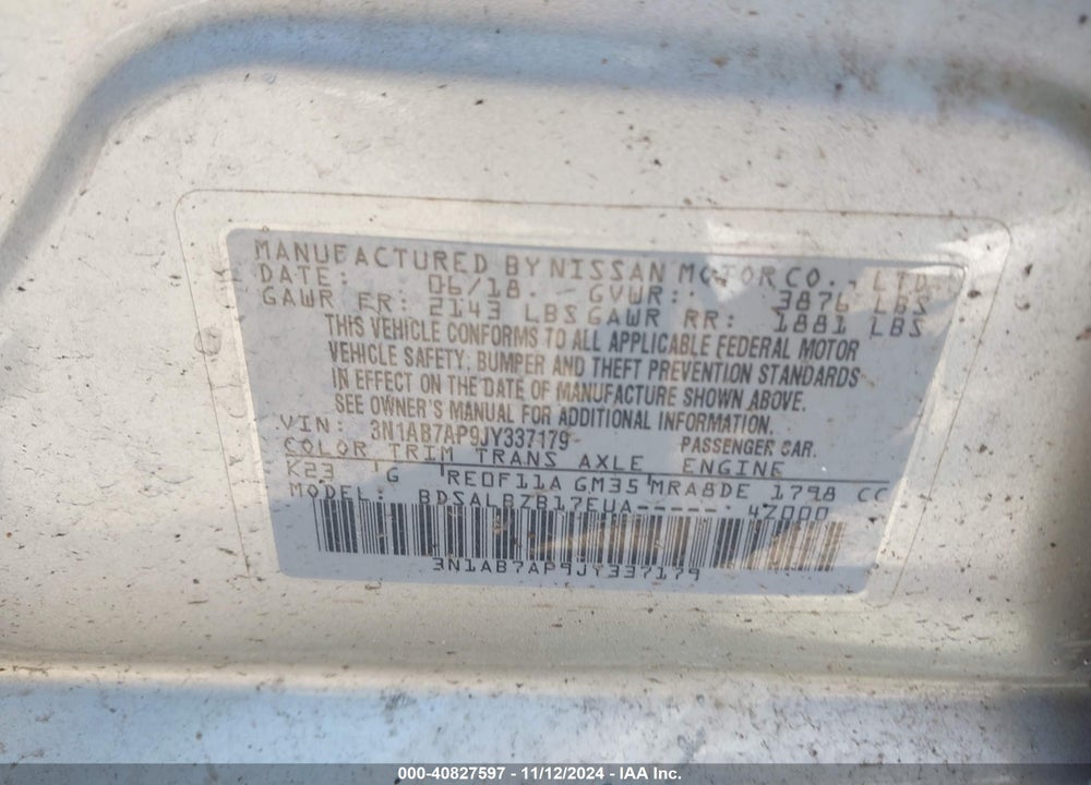 2018 NISSAN SENTRA S VIN: 3N1AB7AP9JY337179