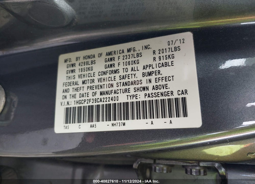 2012 HONDA ACCORD 2.4 LX VIN: 1HGCP2F39CA222400