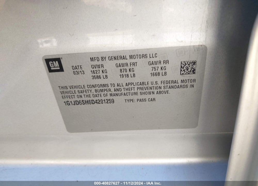 2013 CHEVROLET SONIC LT MANUAL VIN: 1G1JD6SH6D4201259