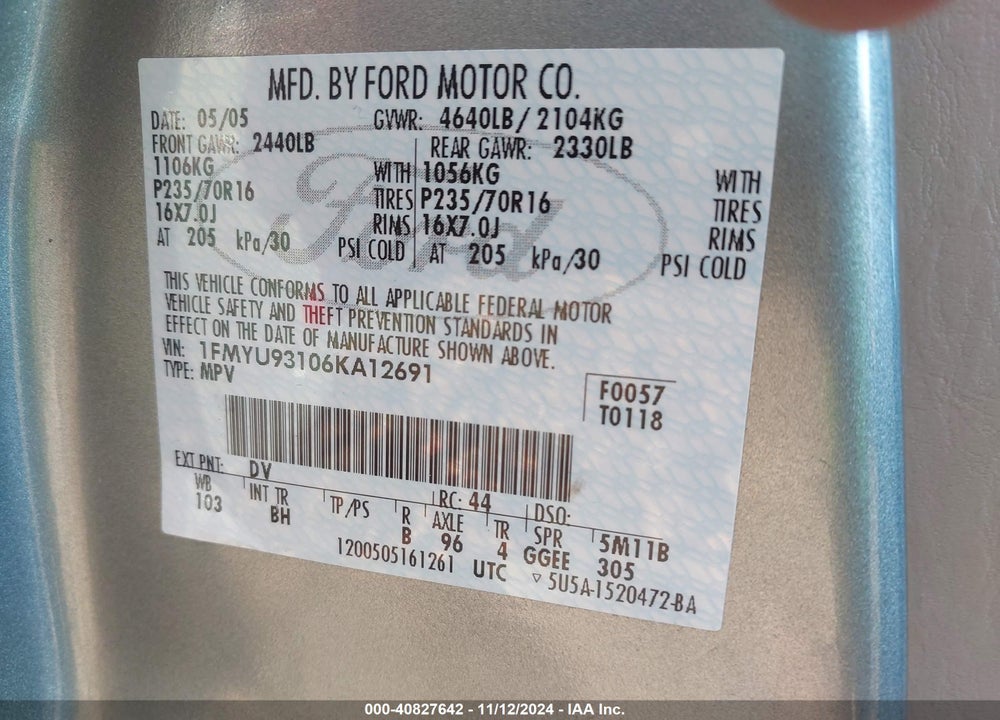 2006 FORD ESCAPE XLT/XLT SPORT VIN: 1FMYU93106KA12691