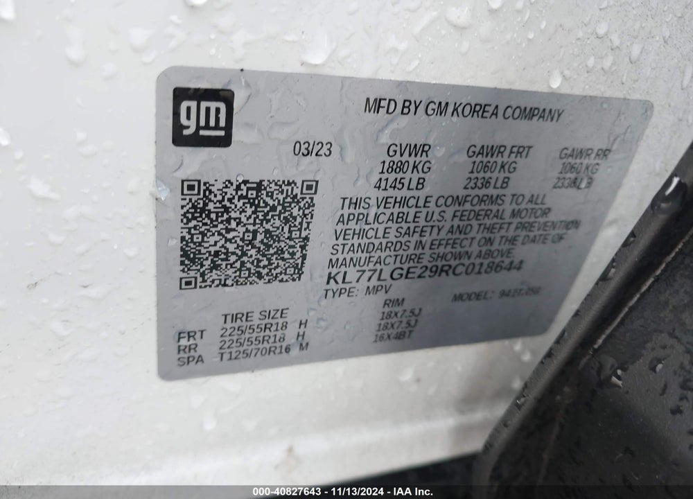2024 CHEVROLET TRAX FWD 1RS VIN: KL77LGE29RC018644