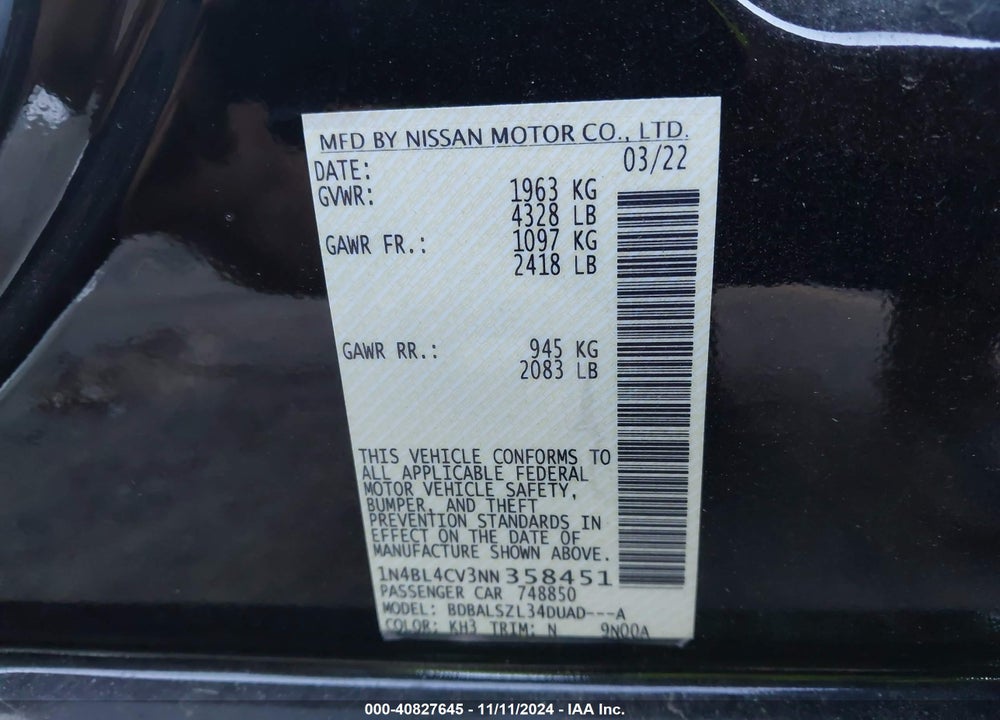 2022 NISSAN ALTIMA SR FWD VIN: 1N4BL4CV3NN358451