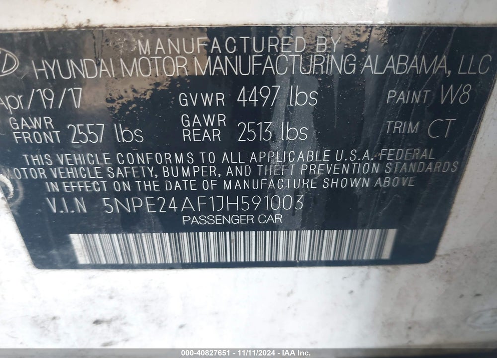 2018 HYUNDAI SONATA SE VIN: 5NPE24AF1JH591003