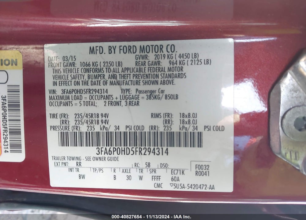 2015 FORD FUSION SE VIN: 3FA6P0HD5FR294314