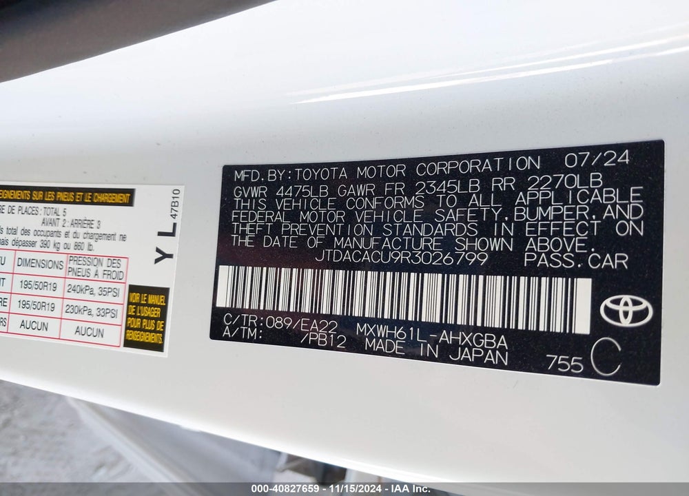 2024 TOYOTA PRIUS PRIME XSE VIN: JTDACACU9R3026799