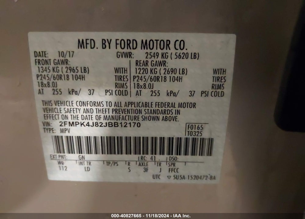 2018 FORD EDGE SEL VIN: 2FMPK4J82JBB12170