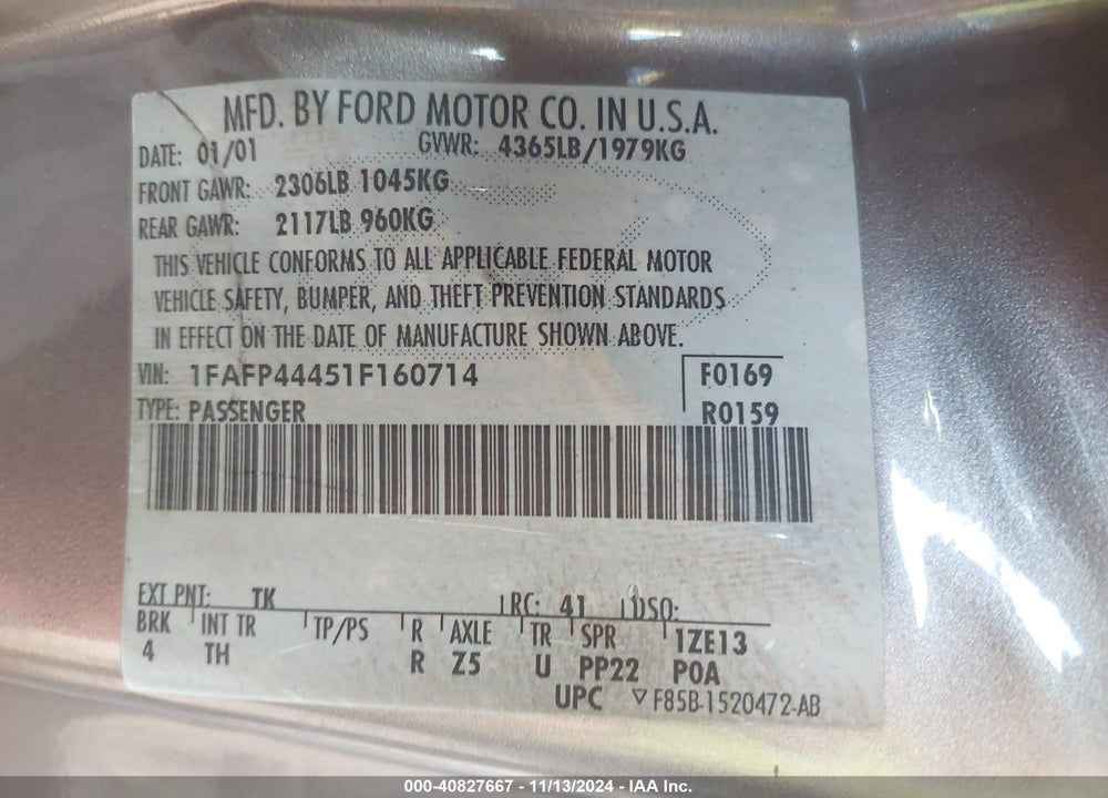 2001 FORD MUSTANG VIN: 1FAFP44451F160714