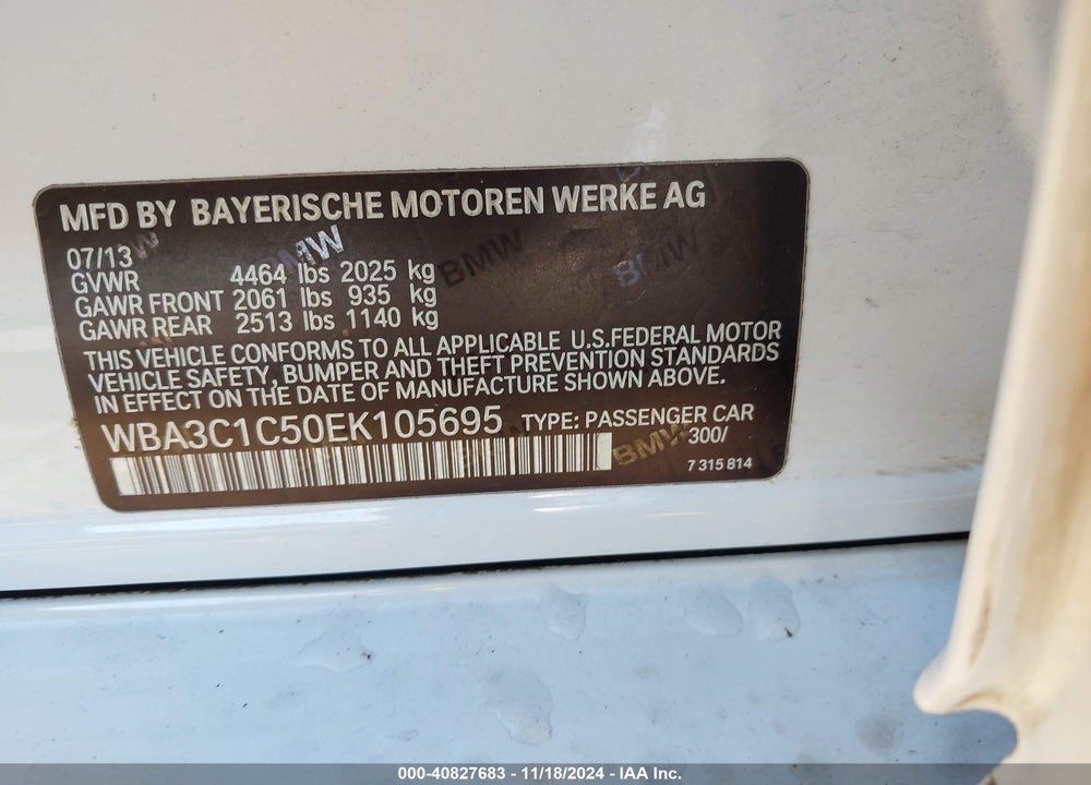 2014 BMW 328I VIN: WBA3C1C50EK105695