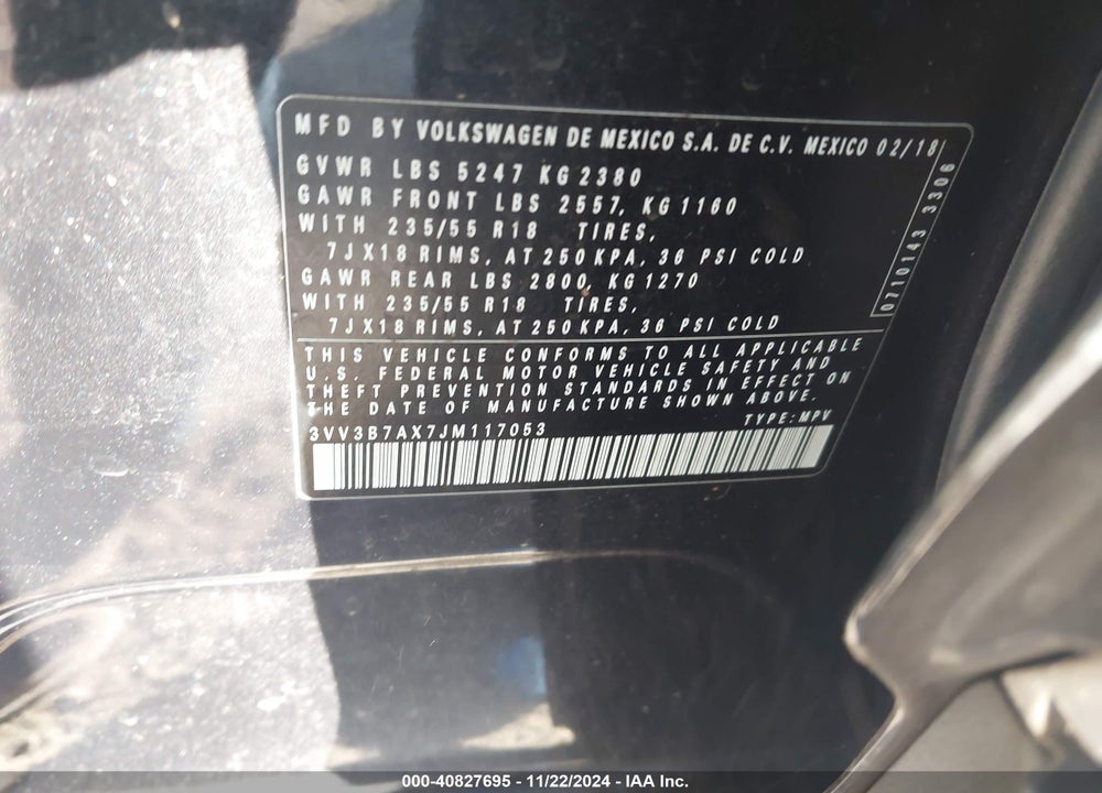 2018 VOLKSWAGEN TIGUAN 2.0T SE/2.0T SEL VIN: 3VV3B7AX7JM117053