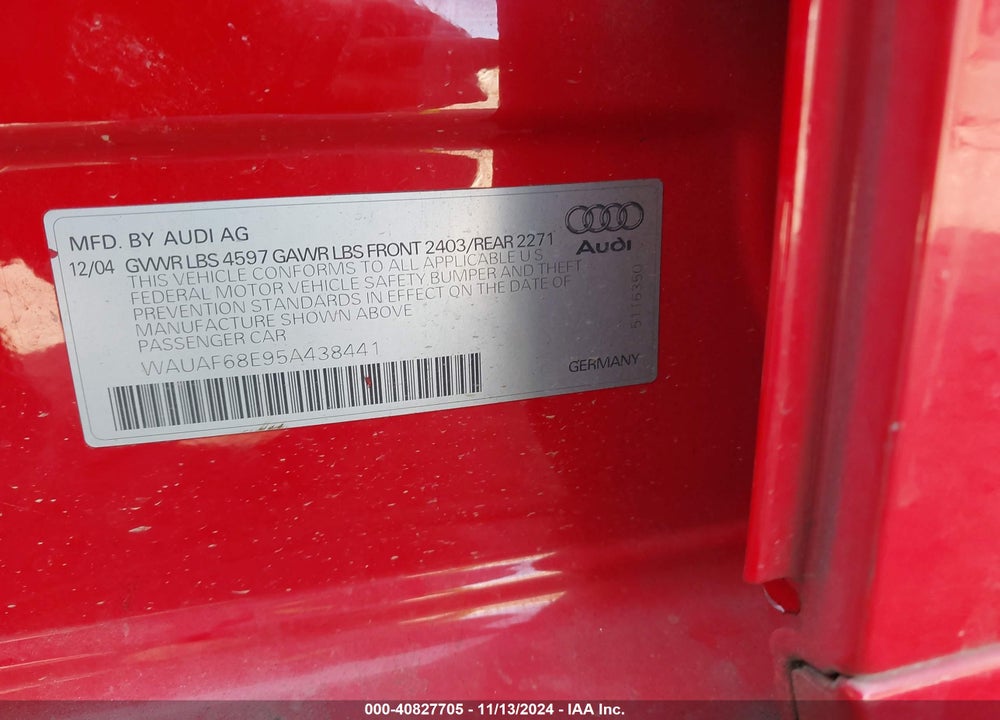 2005 AUDI A4 2.0T VIN: WAUAF68E95A438441