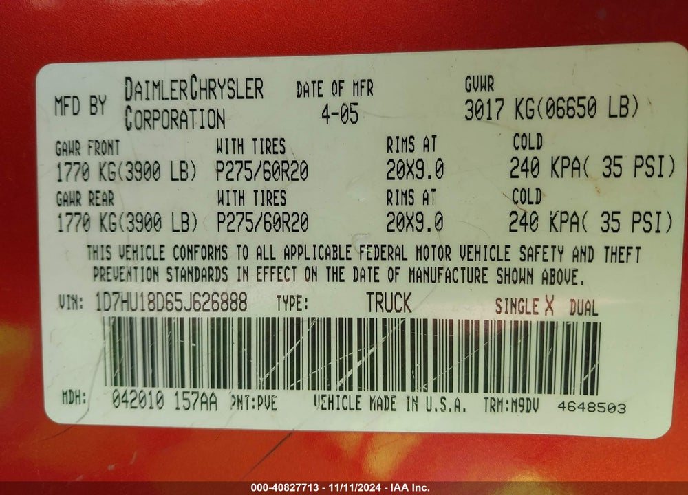2005 DODGE RAM 1500 SLT/LARAMIE VIN: 1D7HU18D65J626888
