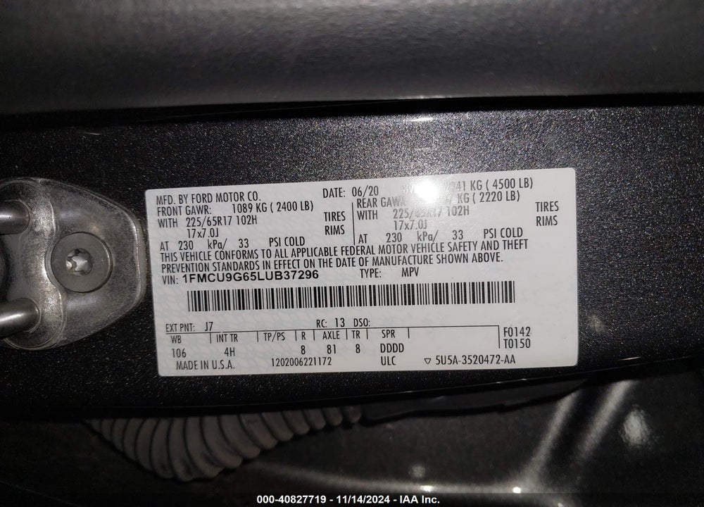 2020 FORD ESCAPE SE VIN: 1FMCU9G65LUB37296