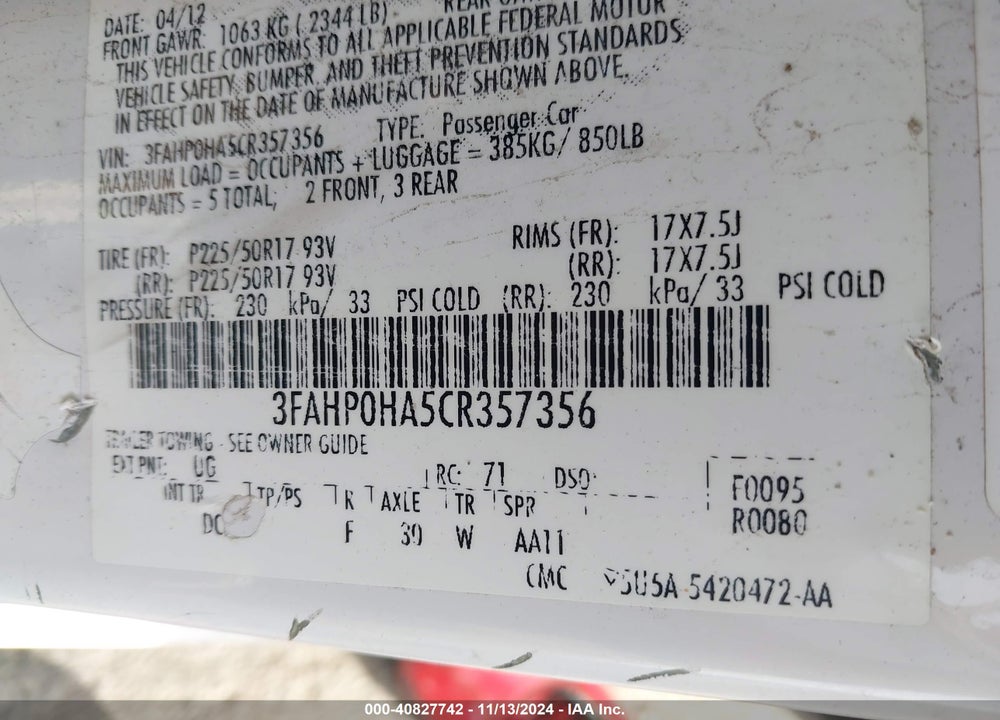2012 FORD FUSION SE VIN: 3FAHP0HA5CR357356