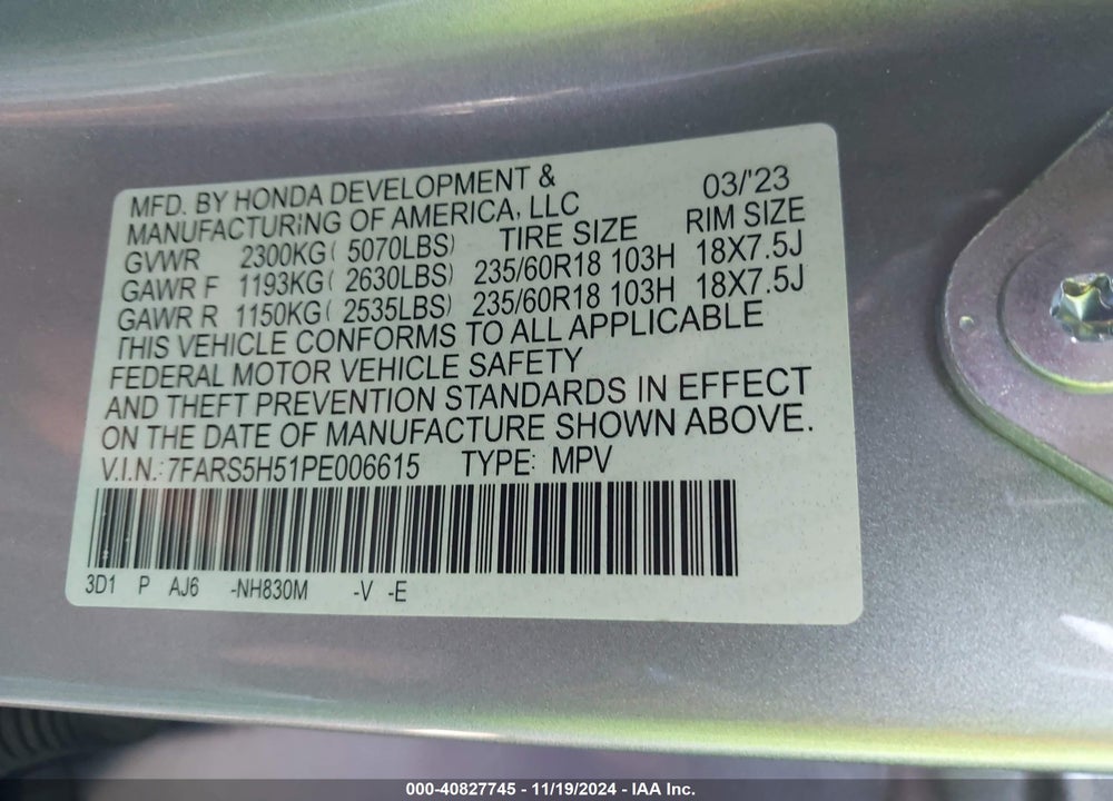 2023 HONDA CR-V HYBRID SPORT VIN: 7FARS5H51PE006615