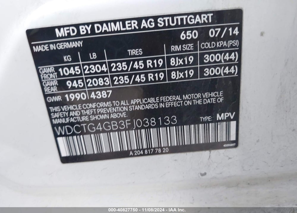 2015 MERCEDES-BENZ GLA 250 4MATIC VIN: WDCTG4GB3FJ038133