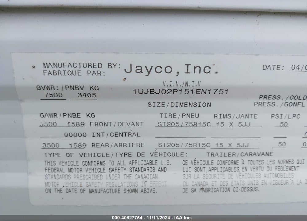 2005 JAYCO JAY FLIGHT VIN: 1UJBJ02P151EN1751