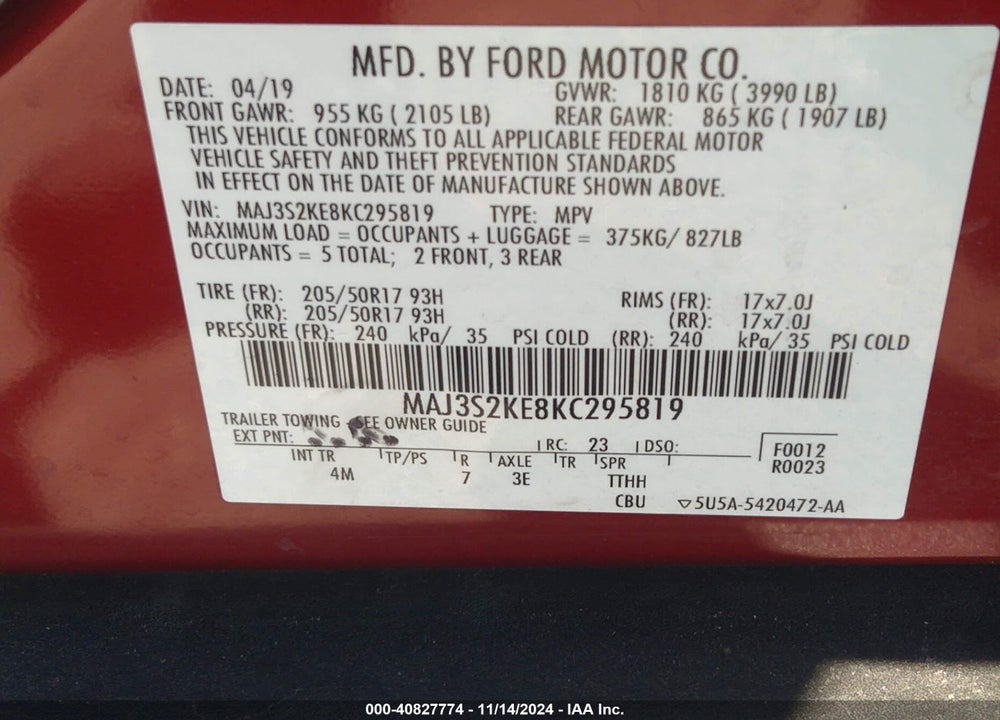 2019 FORD ECOSPORT TITANIUM VIN: MAJ3S2KE8KC295819