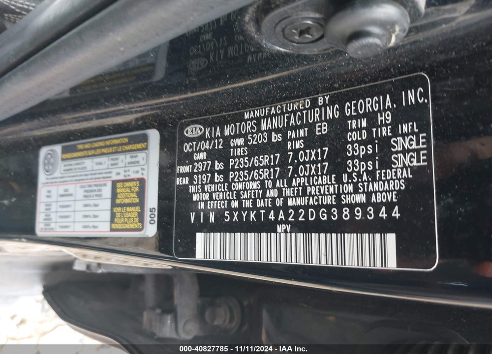 2013 KIA SORENTO VIN: 5XYKT4A22DG389344
