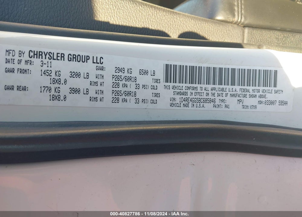 2011 DODGE DURANGO CREW VIN: 1D4RE4GG5BC685846