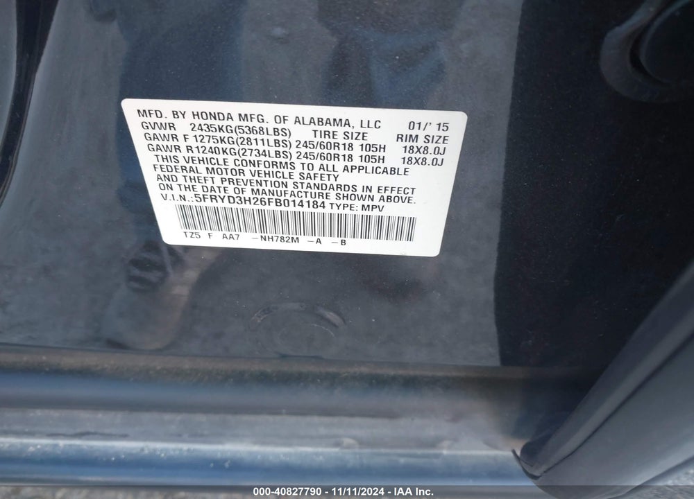 2015 ACURA MDX VIN: 5FRYD3H26FB014184