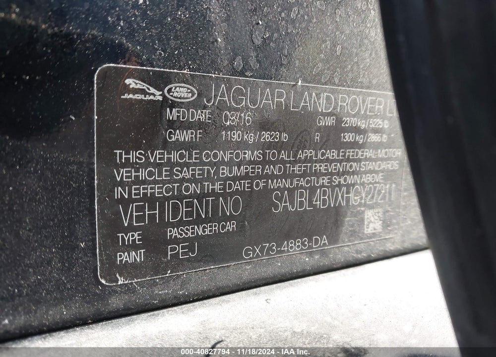 2017 JAGUAR XF VIN: SAJBL4BVXHCY27211