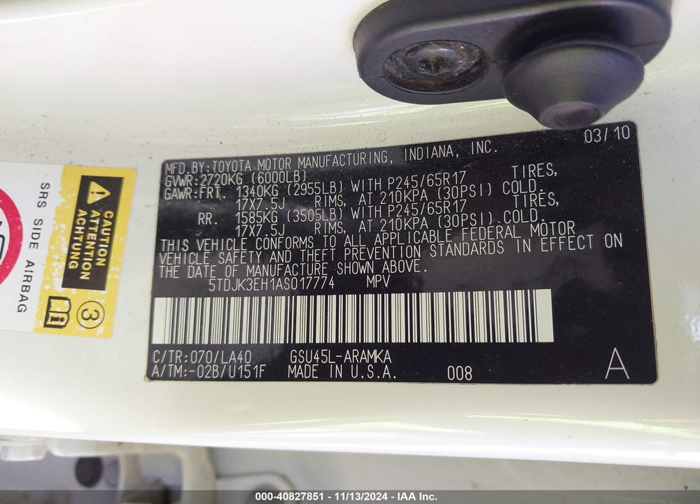 2010 TOYOTA HIGHLANDER SE V6 VIN: 5TDJK3EH1AS017774
