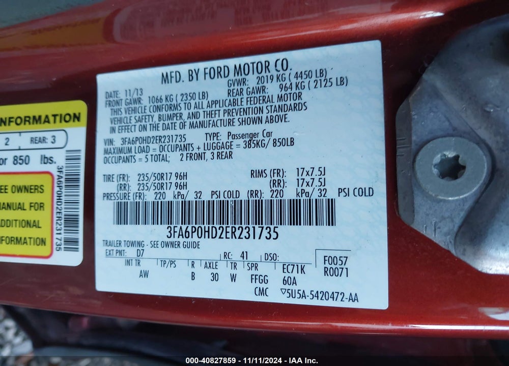 2014 FORD FUSION SE VIN: 3FA6P0HD2ER231735